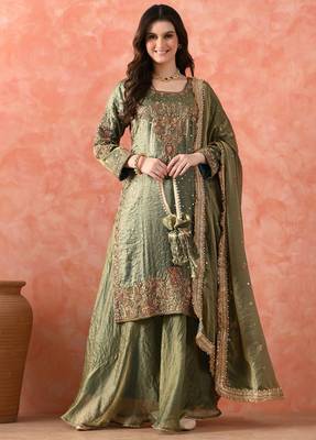 Green sharara set with zardozi & pearl detailing 3