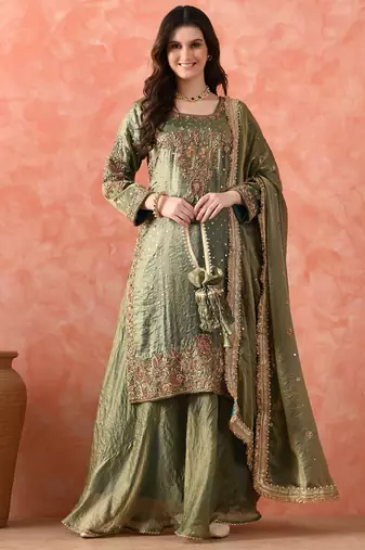 Green sharara set with zardozi & pearl detailing
