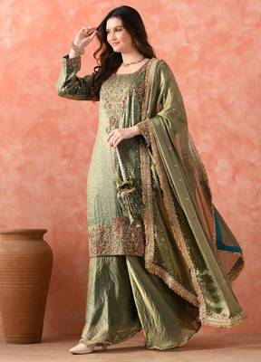 Green sharara set with zardozi & pearl detailing 4