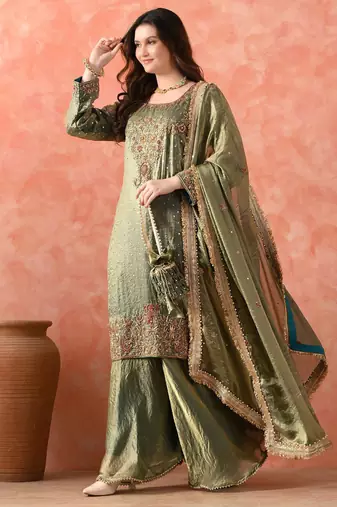 Green sharara set with zardozi & pearl detailing