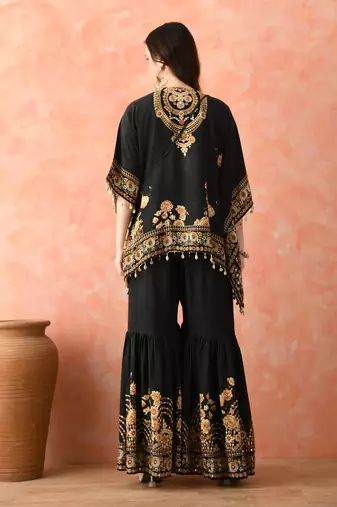 Black kaftaan gharara set with mirror work