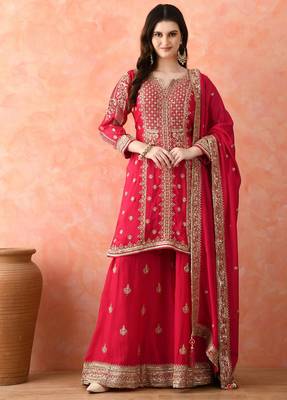Rani pink sharara set with zardozi work 1