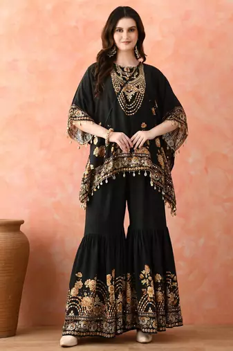 Black kaftaan gharara set with mirror work