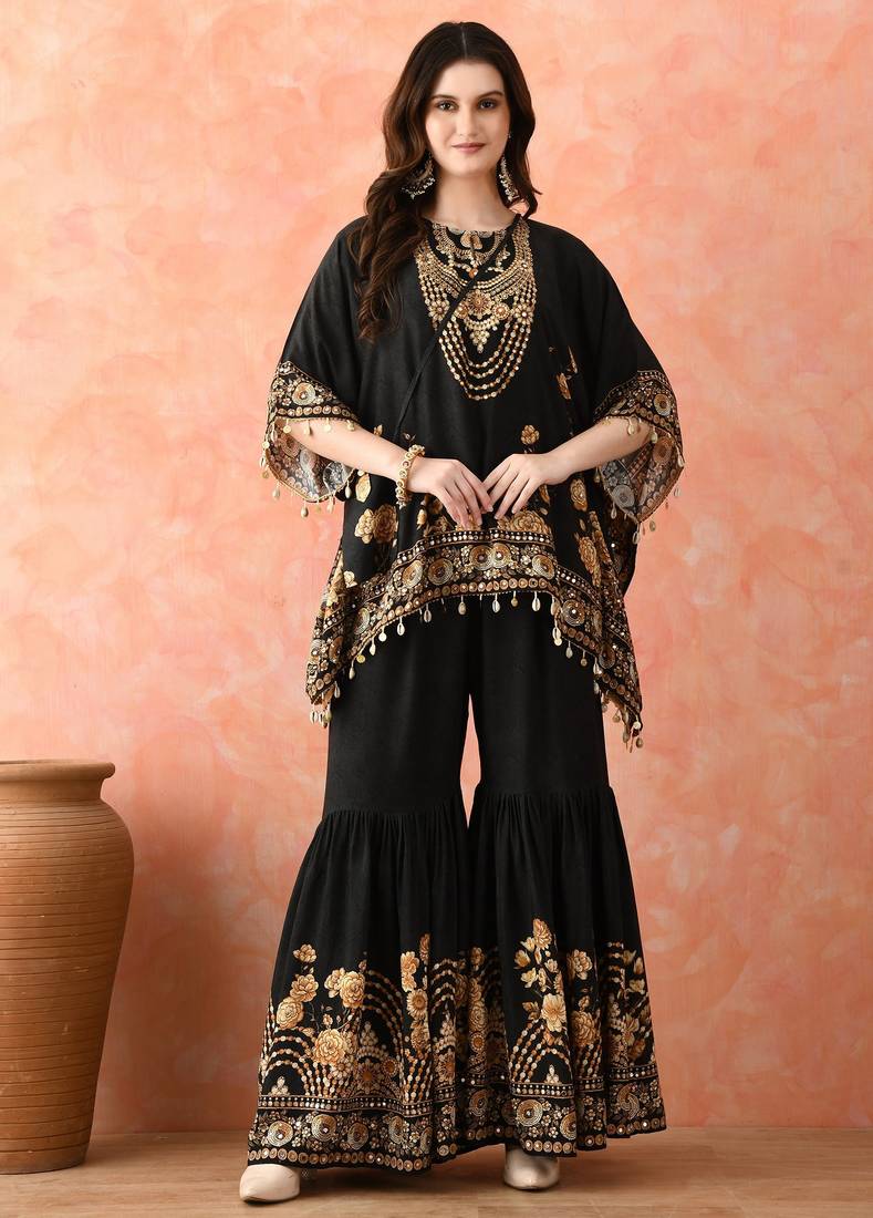 Black kaftaan gharara set with mirror work