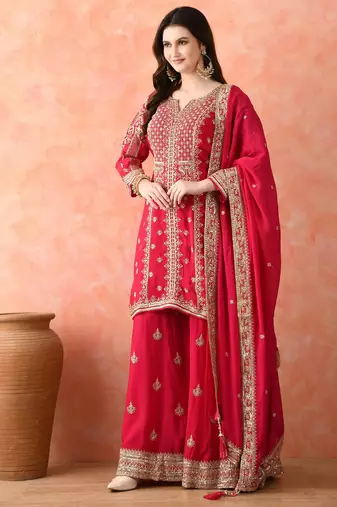Rani pink sharara set with zardozi work
