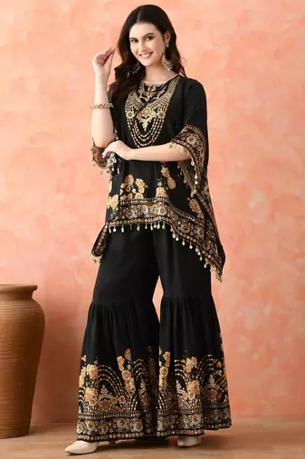 Black kaftaan gharara set with mirror work