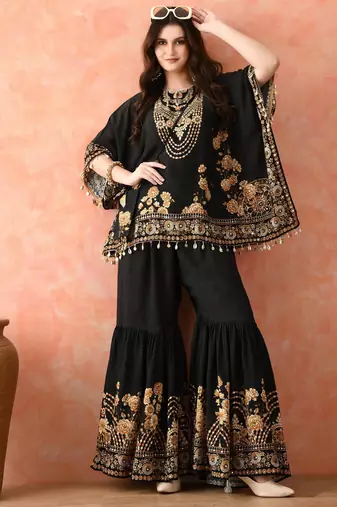 Black kaftaan gharara set with mirror work