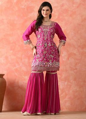 Rani pink gharara set with zardozi & pearl work 1