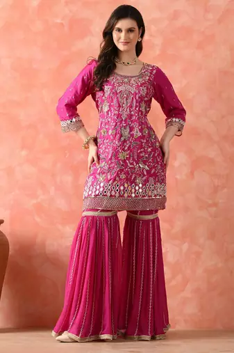 Rani pink gharara set with zardozi & pearl work