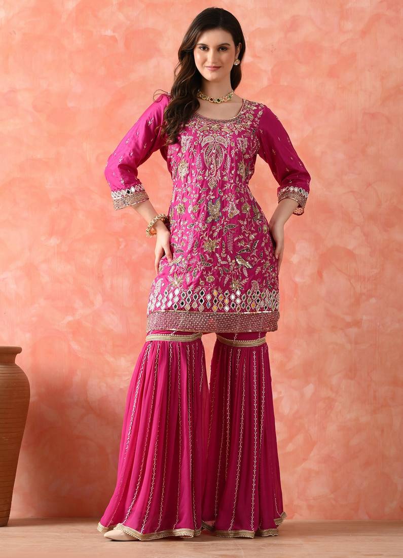 Rani pink gharara set with zardozi & pearl work