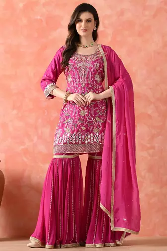 Rani pink gharara set with zardozi & pearl work