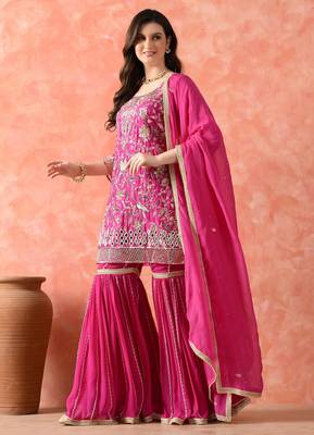 Rani pink gharara set with zardozi & pearl work 4