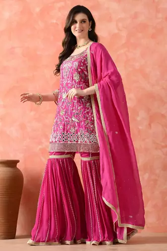 Rani pink gharara set with zardozi & pearl work