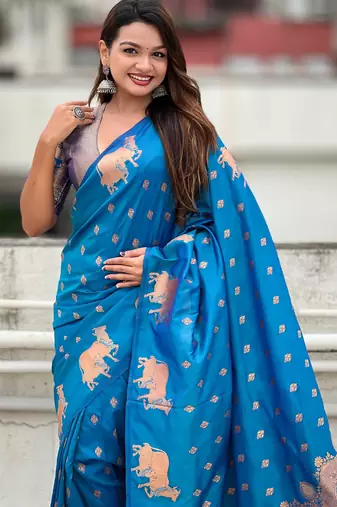 Soft silk dual zari woven saree with nandi border