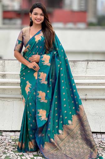 Soft silk dual zari woven saree with nandi border