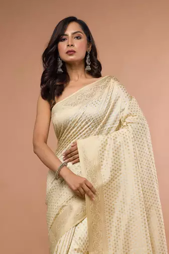 White Blended Silk Saree with Broad Golden Thread Weaving Boarder