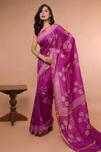Magenta Bhagalpuri Silk With Slick Golden and White Border