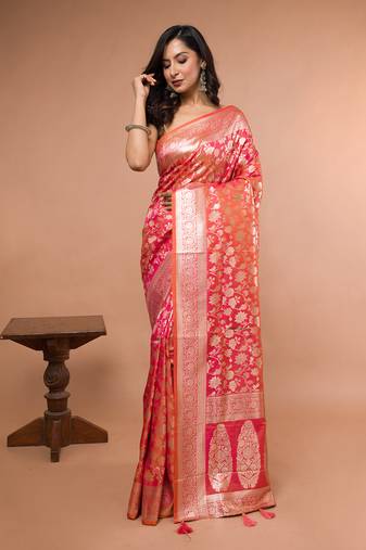 Pink and Orange Dual Tone Banarasi Silk Saree with Golden Floral Work