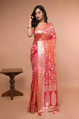 Pink and Orange Dual Tone Banarasi Silk Saree with Golden Floral Work