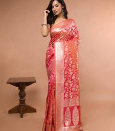 Pink and Orange Dual Tone Banarasi Silk Saree with Golden Floral Work