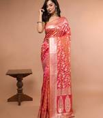 Pink and Orange Dual Tone Banarasi Silk Saree with Golden Floral Work