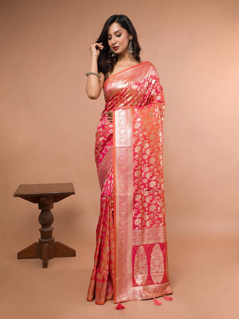 Pink and Orange Dual Tone Banarasi Silk Saree with Golden Floral Work