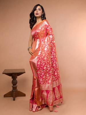 Pink and Orange Dual Tone Banarasi Silk Saree with Golden Floral Work 2