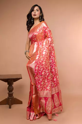 Pink and Orange Dual Tone Banarasi Silk Saree with Golden Floral Work