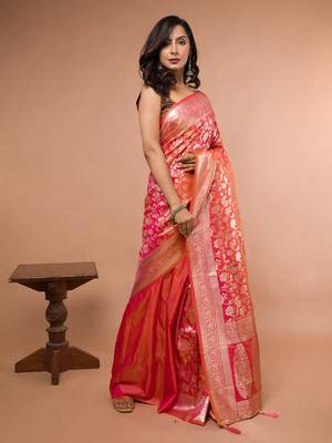 Pink and Orange Dual Tone Banarasi Silk Saree with Golden Floral Work 4