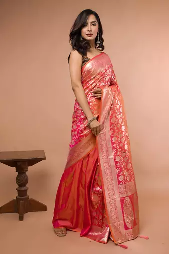Pink and Orange Dual Tone Banarasi Silk Saree with Golden Floral Work