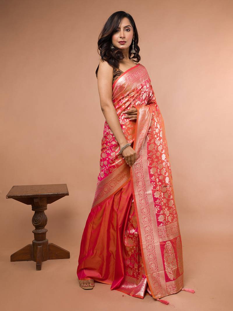 Pink and Orange Dual Tone Banarasi Silk Saree with Golden Floral Work