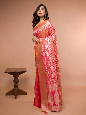 Pink and Orange Dual Tone Banarasi Silk Saree with Golden Floral Work 5