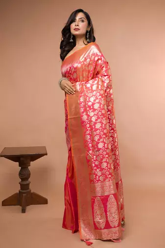 Pink and Orange Dual Tone Banarasi Silk Saree with Golden Floral Work