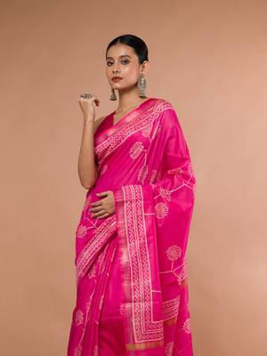 Pink Bhagalpuri Silk With White Printed Floral Motives 1
