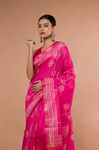 Pink Bhagalpuri Silk With White Printed Floral Motives