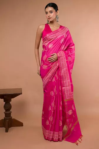 Pink Bhagalpuri Silk With White Printed Floral Motives