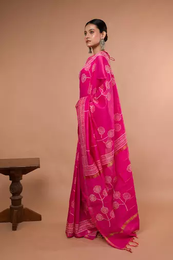 Pink Bhagalpuri Silk With White Printed Floral Motives