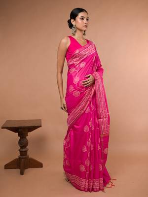 Pink Bhagalpuri Silk With White Printed Floral Motives 4