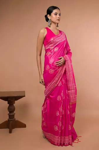 Pink Bhagalpuri Silk With White Printed Floral Motives