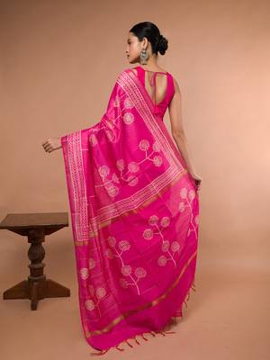 Pink Bhagalpuri Silk With White Printed Floral Motives 5