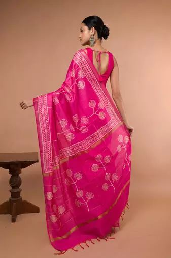Pink Bhagalpuri Silk With White Printed Floral Motives