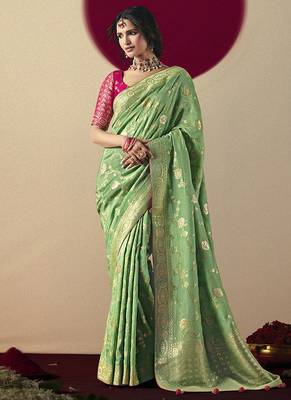 Viscose silk blend green saree with zari weaving work 1