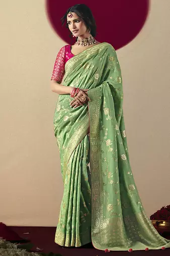Viscose silk green saree with rich zari weaving & designer tassels