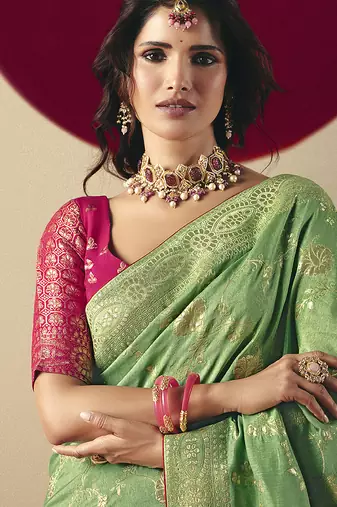 Viscose silk blend green saree with zari weaving work