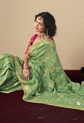 Viscose silk blend green saree with zari weaving work 3