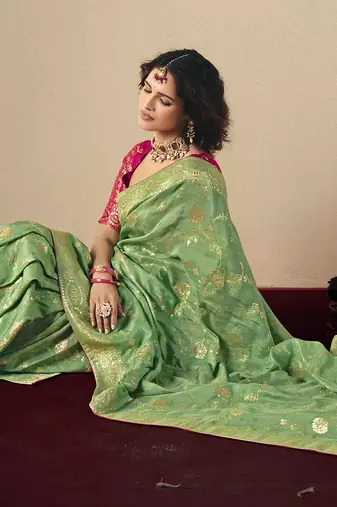 Viscose silk blend green saree with zari weaving work