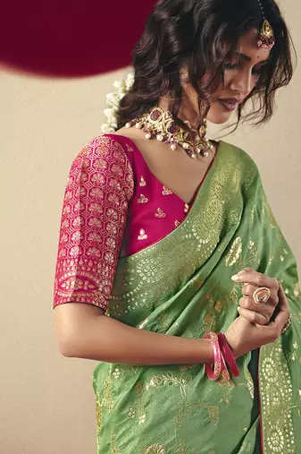 Viscose silk blend green saree with zari weaving work