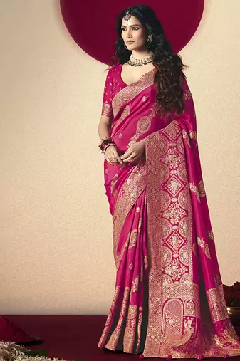 Viscose silk rani pink saree with rich zari weaving & designer tassels