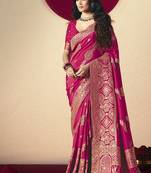 Viscose silk rani pink saree with rich zari weaving & designer tassels