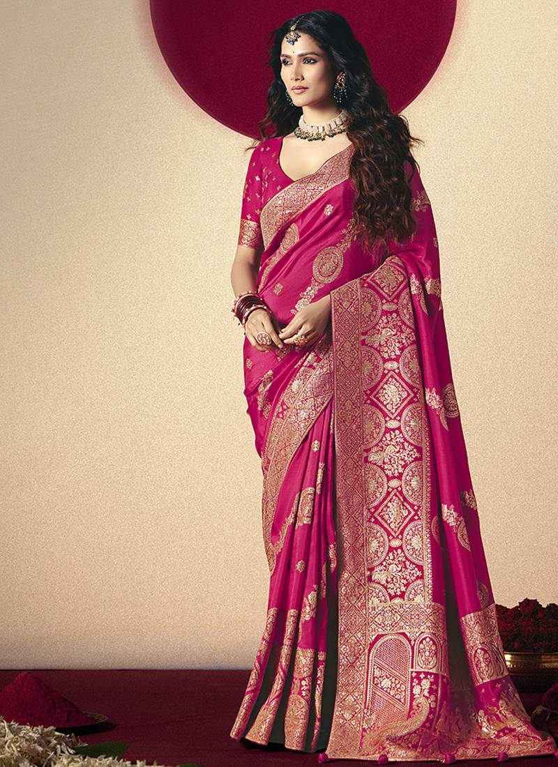 Viscose silk rani pink saree with rich zari weaving & designer tassels